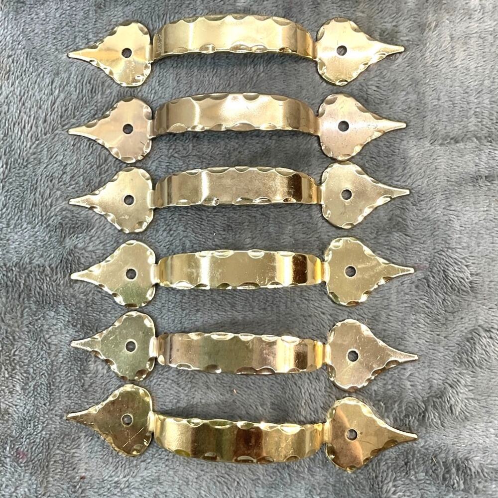 Vintage 1970s Lot 6 Brass Drop Drawer Pulls Gold Tone NOS Cabinet Furniture Set